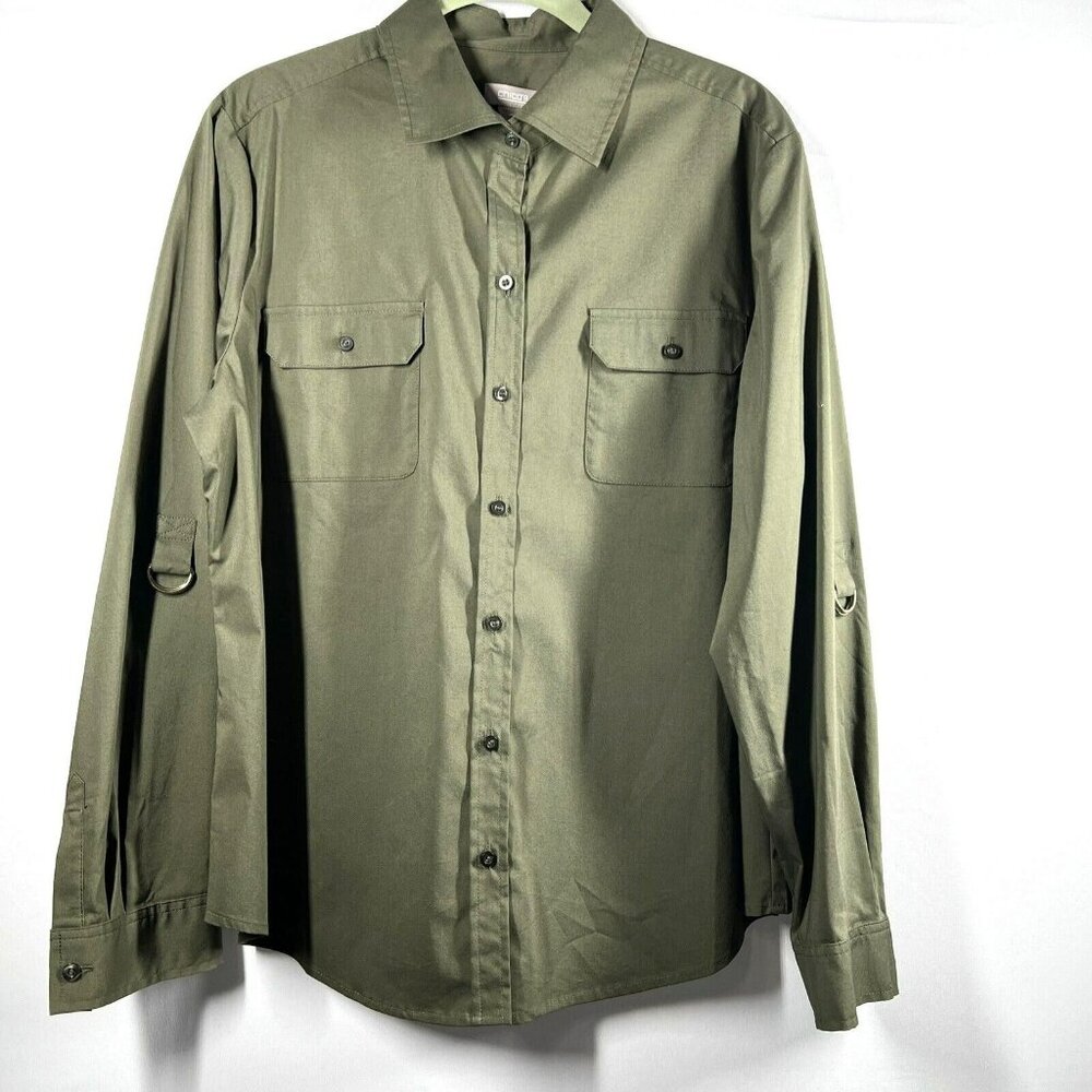 Chico's Women's Blouse Solid Green Button‎ Up Collared Top Long Sleeves Career